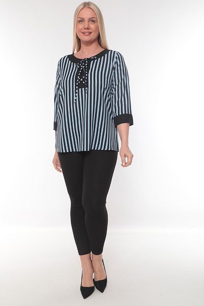 Selent Women's Striped Printed Bird-Eye Tie-Up Round Neck Three-Quarter Sleeve Plus Size Blouse