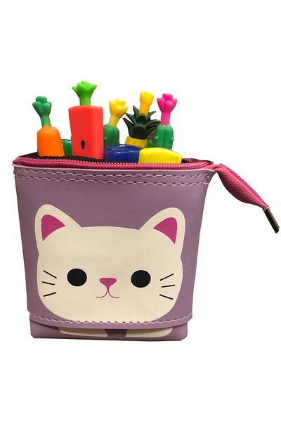 FLY COLOR Cat Patterned Size Adjustable Both Pen Holder and Pencil Case Purple