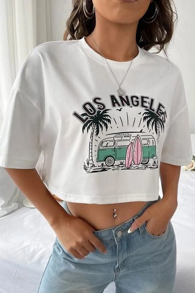 soi fashion Tricou crop oversize alb cu imprimeu Los Angeles