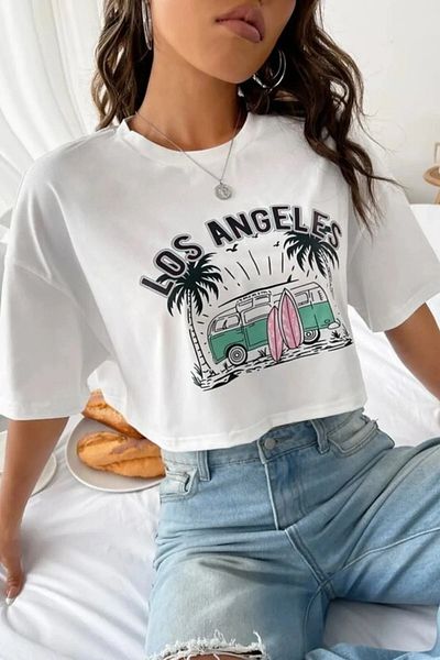 soi fashion Tricou crop oversize alb cu imprimeu Los Angeles