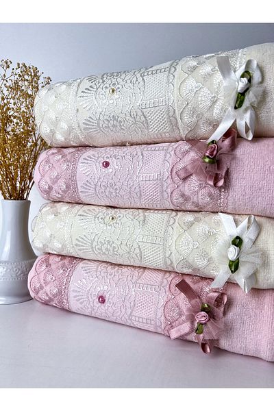 AYHANHOME 4 db 100% pamut jacquard bársony csipke fűzős masnis hozománykészlet 50x90-es kéz- és arctörölköző készlet