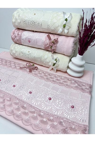 AYHANHOME 4 db 100% pamut jacquard bársony csipke fűzős masnis hozománykészlet 50x90-es kéz- és arctörölköző készlet