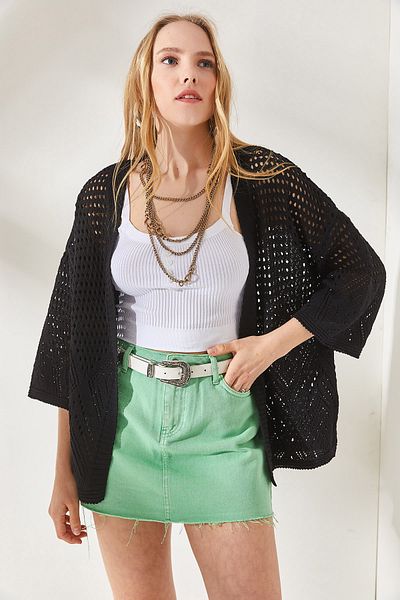 Olalook Cardigan negru din bumbac ajurat cu model geometric pentru femei HRK-19000221