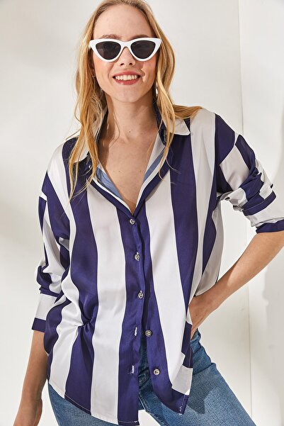 Olalook Жіночий темно-синій атлас в смужку оверсайз Сорочка GML19001110