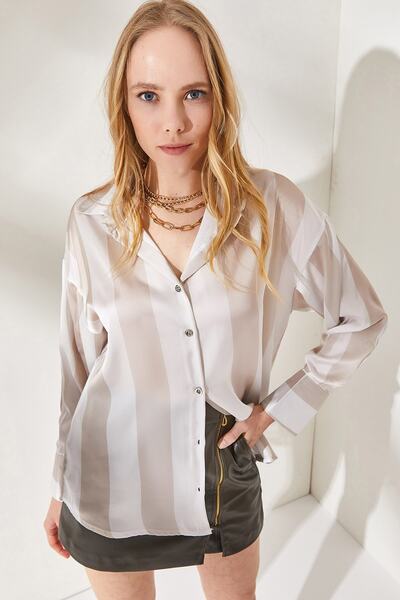 Olalook Women's Beige Striped Oversize Satin Shirt GML-19001110