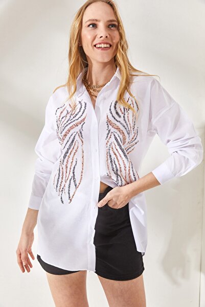 Olalook Γυναικείο πουκάμισο με άσπρη παγιέτα με λεπτομέρειες μεγάλου μεγέθους GML-19001106