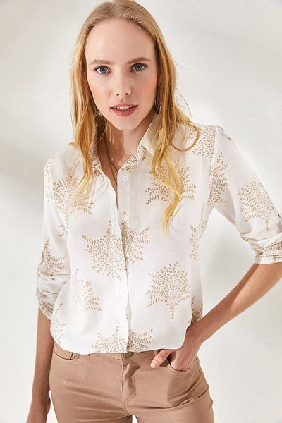 Olalook Damen Fan Beige Ärmel gefaltete Leinen Bluse GML-19000825