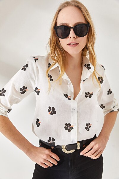 Olalook Γυναικείο λινό πουκάμισο με μαύρο μανίκι Daisy GML-19000825