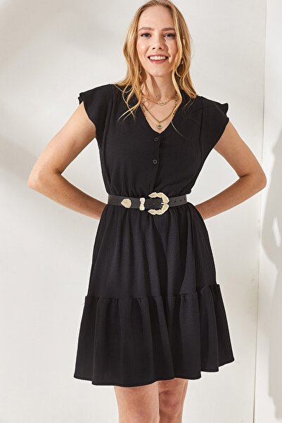 Olalook Γυναικείο Μίνι φόρεμα με κουμπιά μαύρο μανίκι και ελαστική μέση ELB-19001864