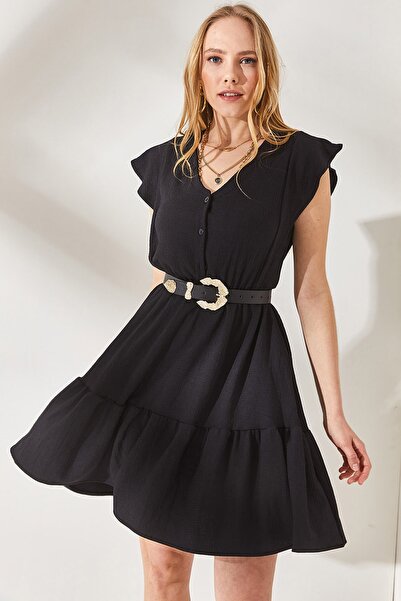 Olalook Γυναικείο Μίνι φόρεμα με κουμπιά μαύρο μανίκι και ελαστική μέση ELB-19001864