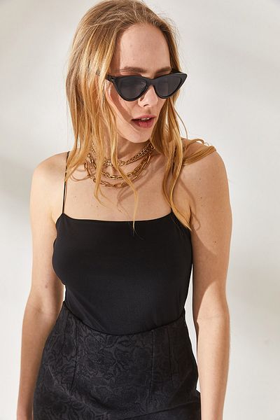 Olalook Women's Black Rope Strap Double Layer Snap Bodysuit BDY-00000044