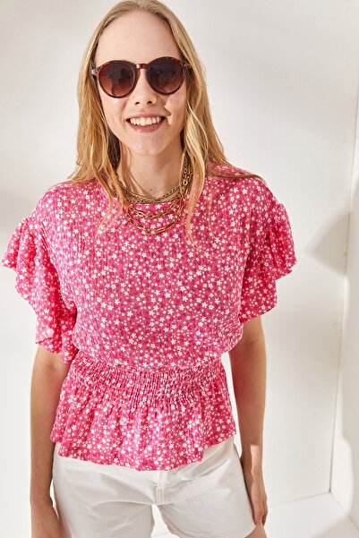 Olalook Rosa Fledermausbluse für Damen mit Blumenmuster, elastischem Bund und Rüschenärmeln BLZ-19002201