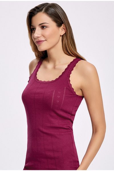 Lunaberry Ilke Women's Lace Strap, Jacquard, Lace Collar Undershirt, 100% Cotton, Ribbed Fabric, Soft