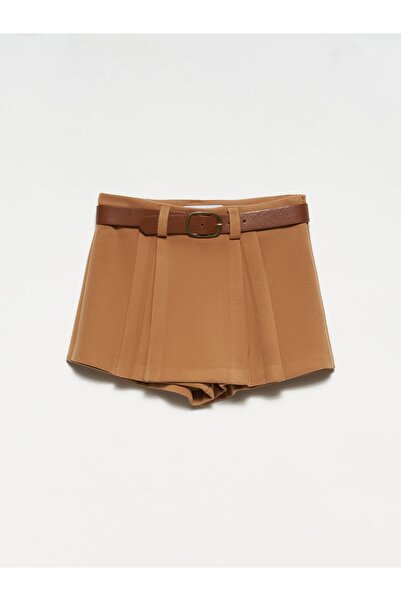 Dilvin 80739 Belted Double Mini Short Skirt-camel