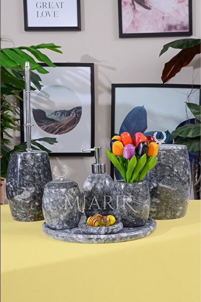 MIARIK DESIGN & DEKORASYON Dekoratif Mermer Banyo Seti Takımı 7 Li Aksesuar D...