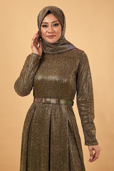 Modamihram Silvery Sparkling Evening Dress Khaki 12219