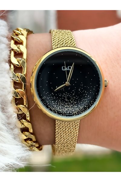 Q&Q Brand Steel Mesh Strap, Waterproof, Yellow Color Women's Wristwatch+bracelet