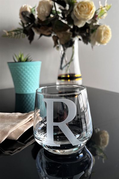 DECOSTYLE R Letter Laser Cut Non-Removable Glass Cup-Candle Holder-Pen Holder-Suitable for Use as a Mini Vase 1 Pc