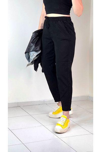 Ezgi Deveci Butik Women's Linen Black Trousers with Tassels