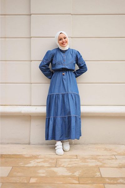 Pamuk Butik Γυναικείο τζιν φόρεμα με λεπτομέρεια Hijab Guipure