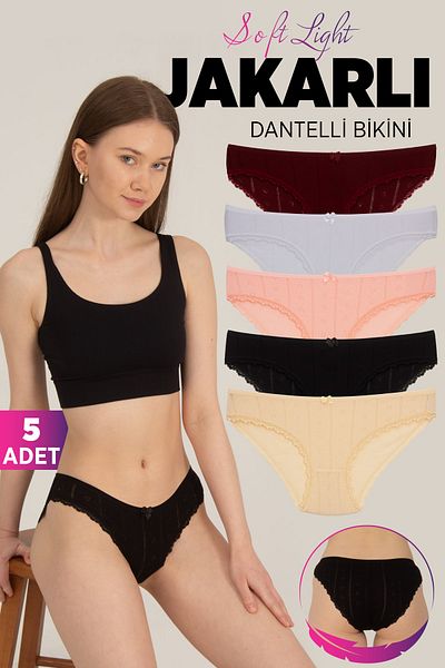 Soft Light Chiloți pentru femei din dantelă jacquard ușoară, 5 piese, negru, alb, roșu, pudrat