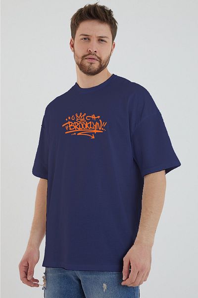 DEEPSENCE Ανδρικό μπλουζάκι Oversize Navy Blue με στάμπα Brooklyn Back