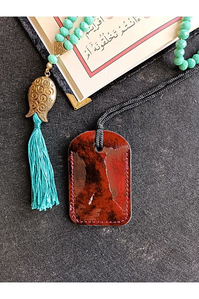 ViP GiFT Kayi Quadrilateral Cevşen Prayer Pendant Amulet Genuine Leather Shiny Patterned
