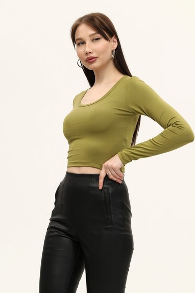 LAENT Kadın Yağ Yeşili Bisiklet Yaka Uzun Kollu Crop Bluz