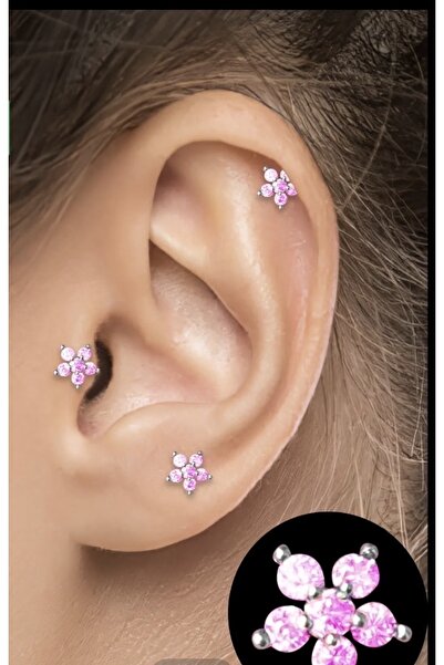 BY DİLEK ÇETİN ACCESSORY Çelik Pembe Taşlı Çiçek Model Kıkırdak Helix Tragus ...