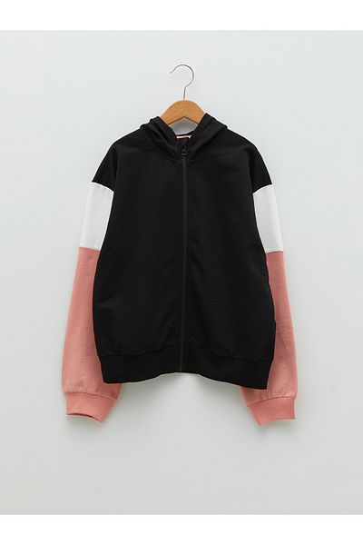 LC Waikiki Hooded Color Blocked Long Sleeve Girl's Zippered Sweatshirt