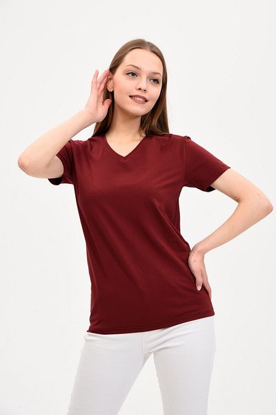 GENIUS STORE Dámské základní klaretové červené tričko s výstřihem do V