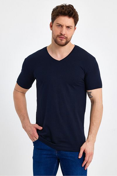 GENIUS STORE Ανδρικό μπλουζάκι με λαιμόκοψη V Basic σκούρο μπλε ναυτικό