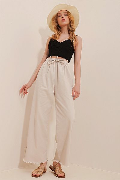 Trend Alaçatı Stili Pantaloni Palazzo Jean cu talie înaltă, bej, cu ciucuri ALC-X8930