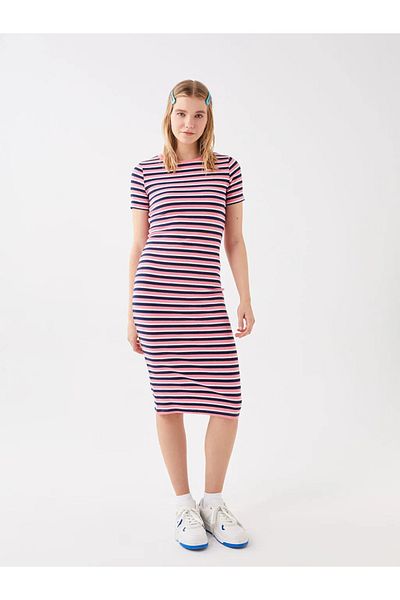 LC Waikiki Γυναικείο φόρεμα Lcw Casual Crew με ριγέ κοντομάνικο