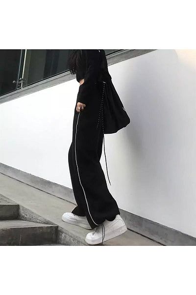Gofeel Harajuku Zip Detail Black Tracksuit Oversize Elastic Waist Sweatpants