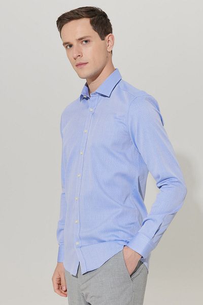 ALTINYILDIZ CLASSICS Men's Blue Non-Iron Tailored Slim Fit Slim Fit 100% Cotton Patterned Shirt