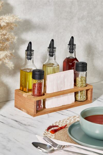 woodsy 2-Piece Spice Holder 3-Piece Oil Holder, Napkin Holder Set, Kitchen Organizer