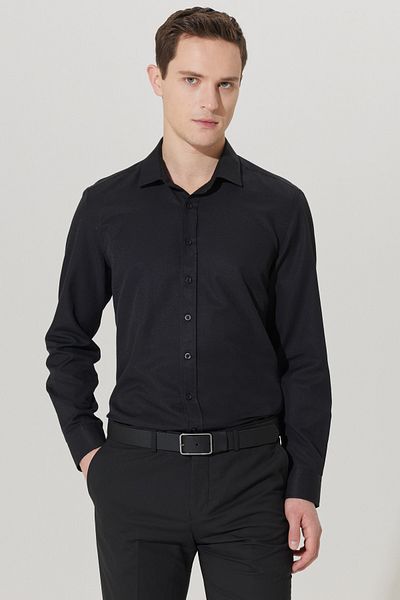 ALTINYILDIZ CLASSICS Men's Black Slim Fit Narrow Cut Classic Collar Dobby Shirt