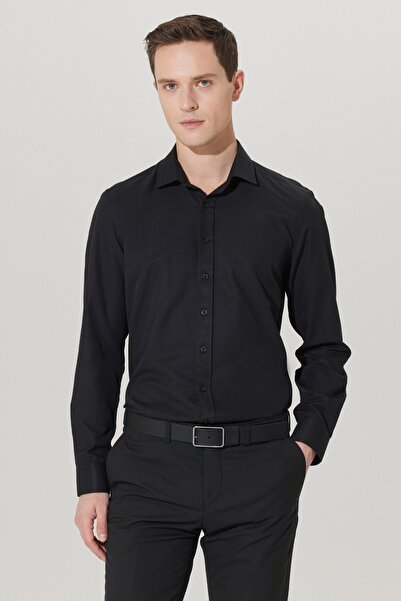 ALTINYILDIZ CLASSICS Men's Black Slim Fit Narrow Cut Classic Collar Dobby Shirt