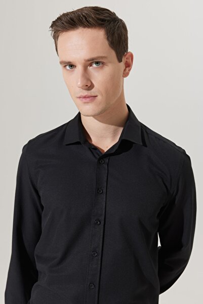 ALTINYILDIZ CLASSICS Men's Black Slim Fit Narrow Cut Classic Collar Dobby Shirt
