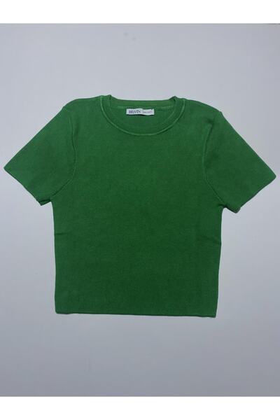 Dilvin 10357 Pulover crop cu mânecă scurtă cu decolteu-verde