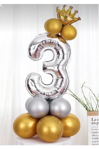 MFM Party Age 3 Number Silver King Crown Foil Balloon Welcome Set