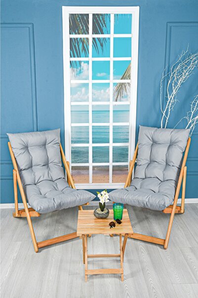 Bysay Ahşap Bahçe Takımı Katlanır Puf Minderli Şezlong 3 Lü Set (GRİ)