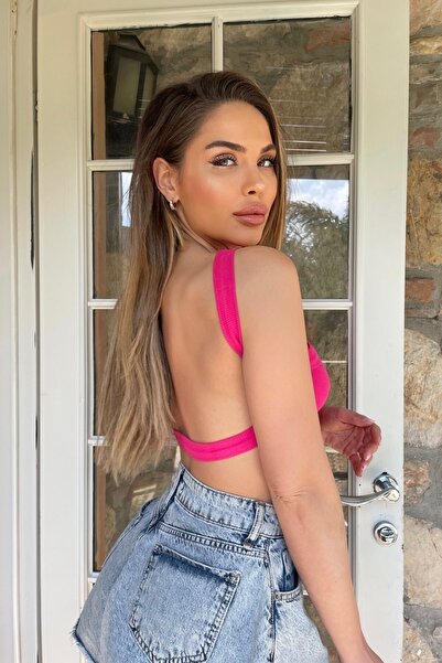 boutiquen 1819 Fuşya Sırt Dekolteli Crop Bluz