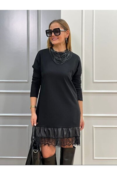 JANES Γυναικείο Μίνι φόρεμα με δαντέλα και δερμάτινη λεπτομέρεια με δύο κλωστές