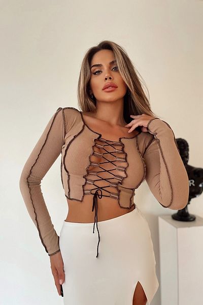 boutiquen Μπλούζα 1518 Model Brown Color Lace Up Contrast