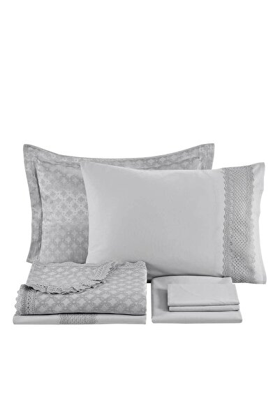 Elart Pamuk Nevresimli Dantelli Yatak Örtüsü Seti 9 Parça Rebecca Gümüş