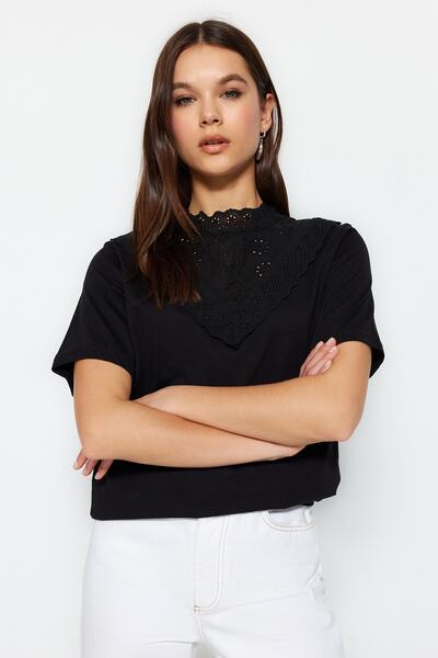 Trendyol Collection Μαύρο κεντημένο γιακά βασικό κανονικό/κανονικό βαμβακερό πλεκτό μπλούζα TWOSS23BZ00879