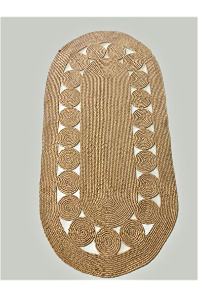 Jüt Hasır El Dokuma Halat Çerçeveli Bambu Oval Özel Seri Modern Detaylı Kilim Halı Paspas Yolluk