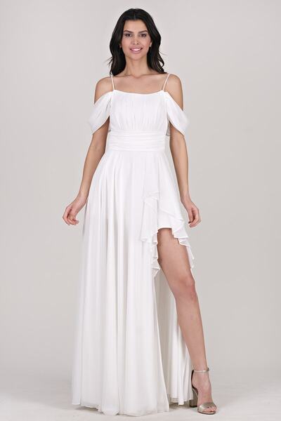 Spazio Gentile Beli Drapeli Etek Yırtmaçlı Volanlı Uzun Abiye Elbise